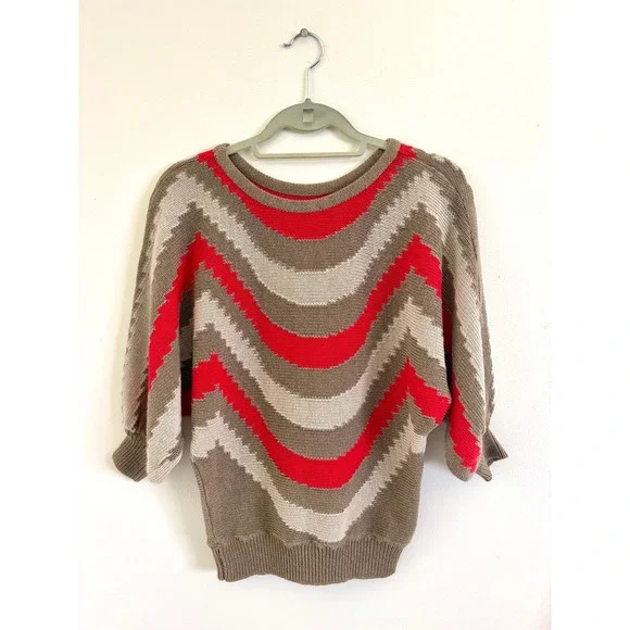 Vintage 80s Italian Slouchy Chevron Knit Sweater Boho Neutral Red OS - Picture 5 of 5